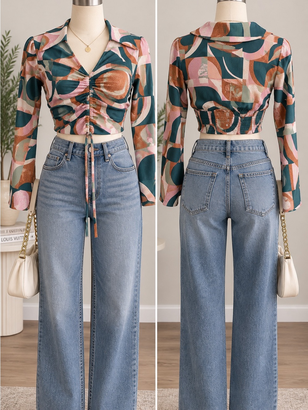 Lily White Retro Geometric Ruched Crop Top Size S NWT